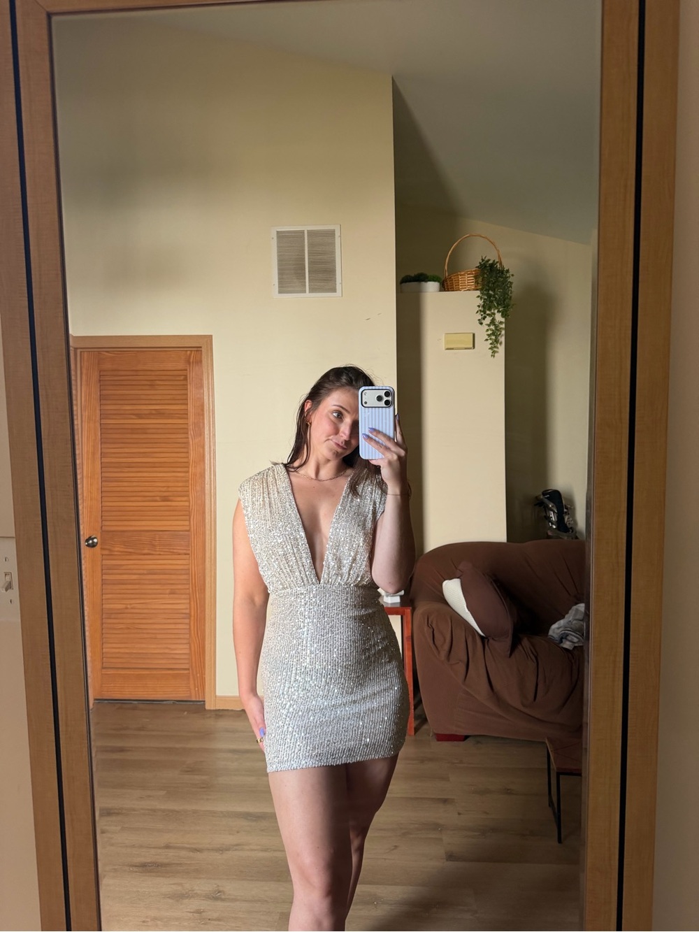 Hello Molly Silver Sequin Plunge Mini Dress